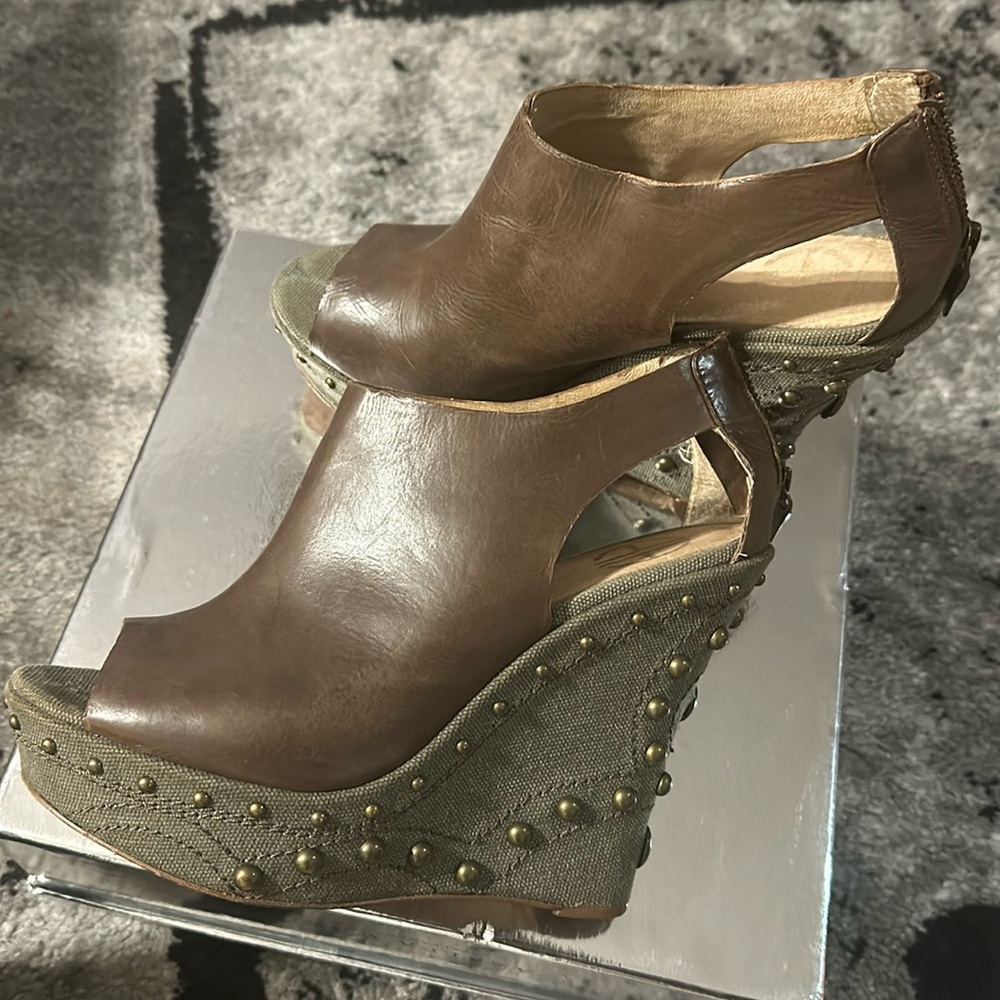 Chocolate brown Leather wedges Army green heels with studs’ on heels
